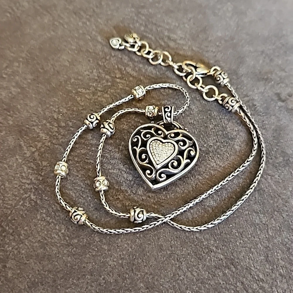 BRIGHTON Silver Plated Reno Heart Crystal Chain Necklace